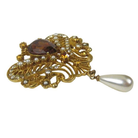 Statement Brooch 2.7 in Dangle Imitation Pearl Pin Goldtone Pendant Rhinestones - Picture 3 of 7